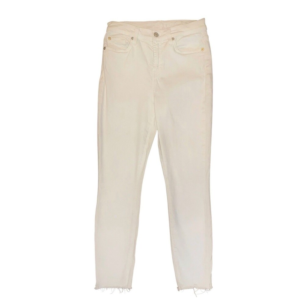 7 Seven For All Mankind High Waist Ankle Skinny Jeans Stretch Raw Hem White 26